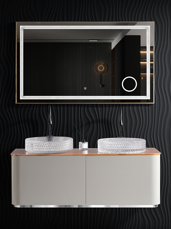 Reka bentuk baharu Tab Mandi Kayu Kalis Air Dilekapkan di Dinding Bilik Mandi Vanity / Double Sink Kabinet Bilik Mandi dengan cermin LED